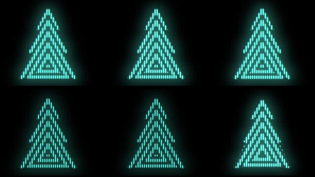 Pulsing neon green Christmas trees pattern in rows, motion abstract disco, party and winter holidays style background