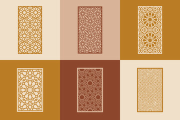 Set of ornamental islamic arabesque windows and doors. Arabic traditional architecture Geometric Pattern. Set of decorative vector panels or screens for laser cutting.