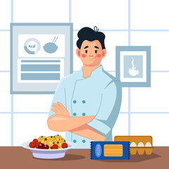 A happy male chef in uniform cooks in the kitchen. A male chef with a plate of pasta bolognese. A man cooks at home or at work. Favorite hobby, home business. Vector illustration