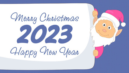 gnome peeks out from behind a poster of Merry Christmas and Happy New Year 2023