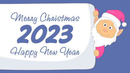 gnome peeks out from behind a poster of Merry Christmas and Happy New Year 2023