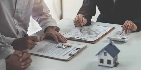 Real estate agent offer hand for customer sign agreement contract signature for buy or sell house. Happy asian couple signing a contract together at office. Real estate contact agreement concept
