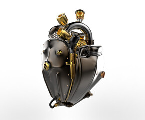 Diesel punk robot techno heart. engine with pipes, radiators and glossy green metal hood parts. bike show rock hardcore poster template isolated on transparent