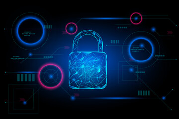 Internet and cybercrime concept. Wireframe polygonal of a lock on technology background. Password and protect data.