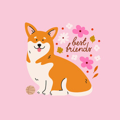 Cute welsh corgi dog with flower buds, leaves and lettering. Hand-drawn dog in contemporary flat style. Cartoon animal, pet purebred dog. 