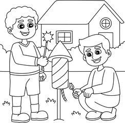 New Year Boys With Fireworks Coloring Page 