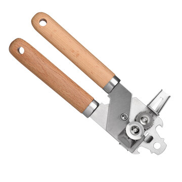 New Stainless Steel Rotating Manual Tin Can Opener With Wooden Handle Isolated On White Background