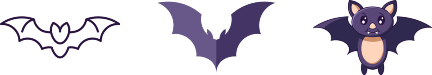 Halloween elements. Vector icon set of bat is drawn in line, flat and cartoon styles. Perfect for apps, books, articles, stores, shops, adverts
