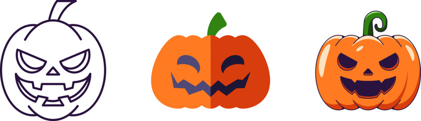 Halloween elements. Vector icon set of pumpkin is drawn in line, flat and cartoon styles. Perfect for apps, books, articles, stores, shops, adverts