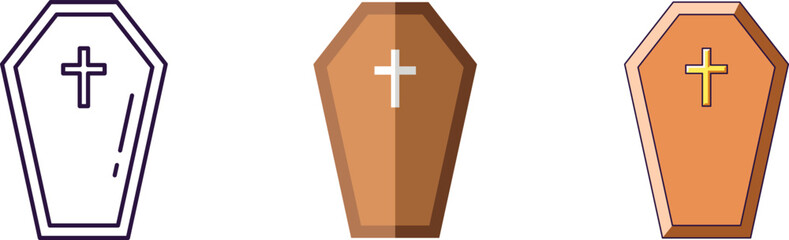 Obraz premium Halloween elements. Vector icon set of coffin is drawn in line, flat and cartoon styles. Perfect for apps, books, articles, stores, shops, adverts