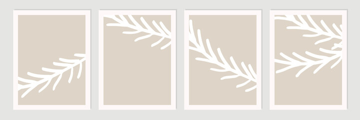 Set of abstract organic shapes, leaves, lines and textures in white on neutral nude and beige background.