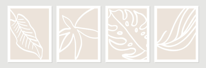 Set of abstract tropical organic shapes, leaves, lines and textures in white on neutral nude and beige background.