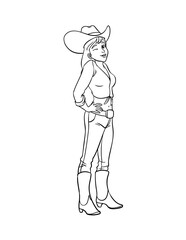 Fototapeta na wymiar Cowgirl Isolated Coloring Page for Kids