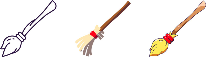 Halloween elements. Vector icon set of witch broom is drawn in line, flat and cartoon styles. Perfect for apps, books, articles, stores, shops, adverts