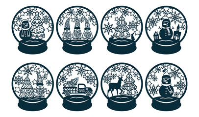 Snow globe ball christmas winter collection set with gnome, santa, deer, tree. Scandinan black illustration snowglobe ball Christmas flat illustration vector icons perfect for papercut card, print