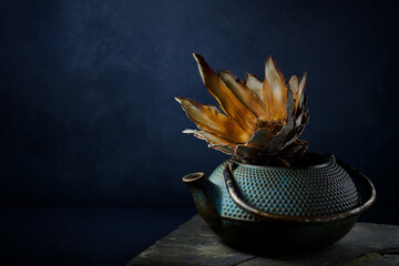 Chinese Teapot with dried broken protea flower still life close up with copy space.