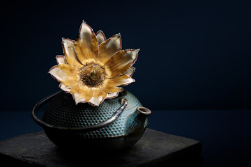 Chinese teapot with a dried Protea shell in it still life fine art.