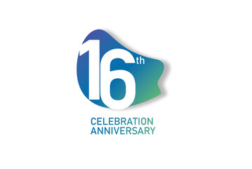 Obraz premium 16 year anniversary celebration fun style logotype. anniversary white logo with green blue color isolated on red background, vector design for celebration, invitation and greeting card - Vector