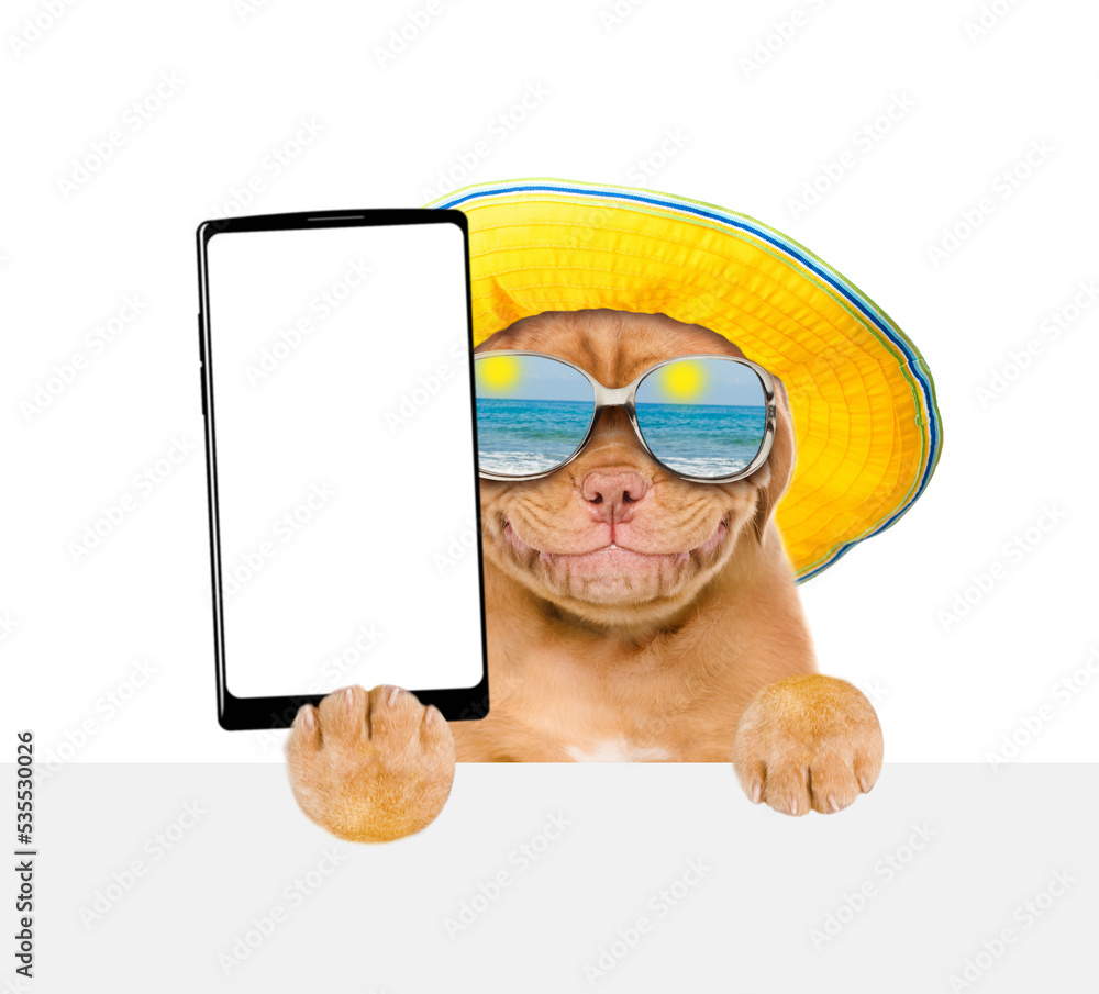 Poster happy mastiff puppy wearing mirrored sunglasses and summer hat holds big smartphone with white blank