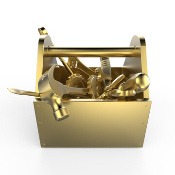 Metal toolbox with tools. Screwdriver, hammer, spanner and wrench. Under construction, maintenance, fix, repair, premium service High quality 3d render isolated on transparent