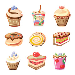 Set of different sweet desserts and cupcakes. Vector