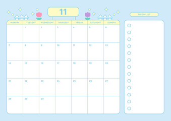November 2022 calendar template design illustration in colorful and cute style. Notes, scheduler, diary, calendar, memo, planner document template background. 