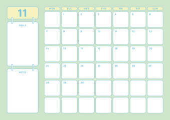 November 2022 calendar template design illustration in colorful and cute style. Notes, scheduler, diary, calendar, memo, planner document template background. 