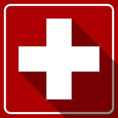 Red and White First Aid Kit Icon with Cross and 3D Style Shadow Effect. Vector Image.