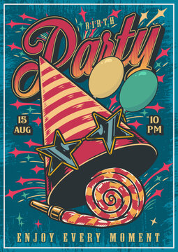 Birth party poster colorful vintage