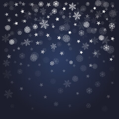 Christmas snow vector background. Falling snowflakes transparent decoration. New Year Holidays greeting card backdrop.