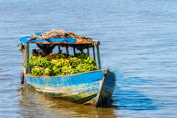 boat transporting food throught amazon river in peru