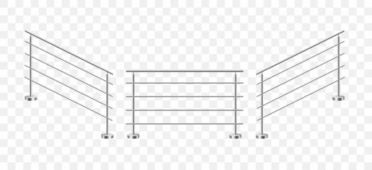 Set of realistic stair stainless steel railing. Metal balustrade. Fencing sections with steel poles. 3D vector illustration isolated on transparent background.