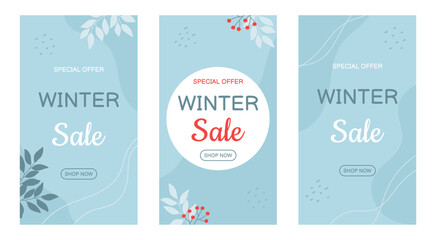 WebSet of winter sale banners template in blue colors with twigs. Template for social media, banner, poster, flyer