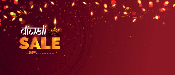 Diwali festival of lights sale banner. DIwali holiday shiny background with diya lamp and rangoli. Vector illustration