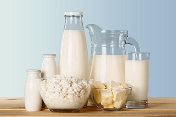 Tasty fresh dairy products and milk on the desk