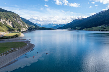 drone flight over Lake Reschensee in South Tyrol