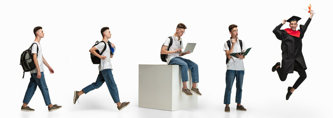 Portrait of young boy, student in casual clothes isolated over white studio background. From admission to graduation