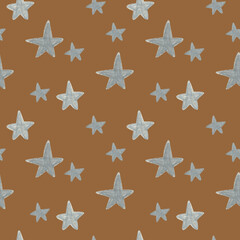 Hand drawn silver stars pattern on Marron background. For fabric, sketchbook, wallpaper, wrapping paper.	