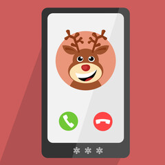 Red nose reindeer incoming phone call, Christmas vector illustration