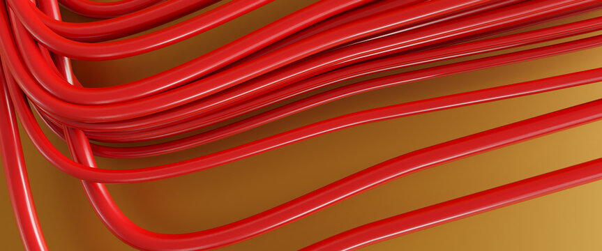3D render of red cables on gold background. Information technology concept