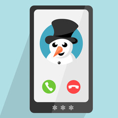 Snowman incoming phone call, winter vector illustration