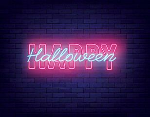 Happy halloween neon signboard. Shiny lettering. Glowing scary holiday emblem. Vector stock illustration