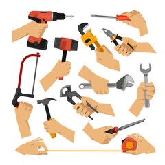 Naklejka premium Hands of craftsmen holding tools vector illustrations set. Collection of cartoon drawings of hands with steel instruments for metal work at factory. Construction, industry, repair service concept