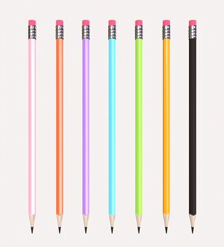 3D colorful sharp pencils with rubber eraser. Realistic render drawing wooden crayons visualization. Writing, education. Generating ideas. 3d rendering school supplies, office tools, stationery. 