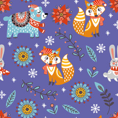 Seamless pattern christmas animals vector illustration purple