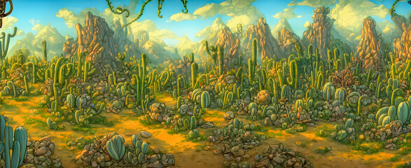 Fototapeta na wymiar Artistic concept painting of a cacti on the desert, background illustration.