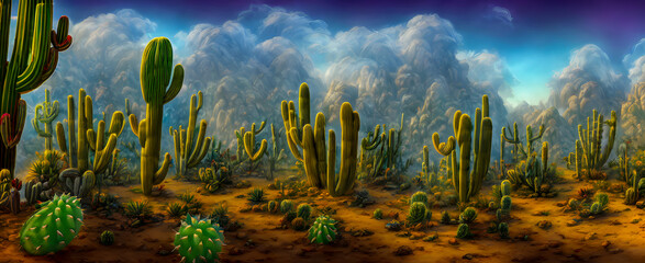 Obraz na płótnie Canvas Artistic concept painting of a cacti on the desert, background illustration.