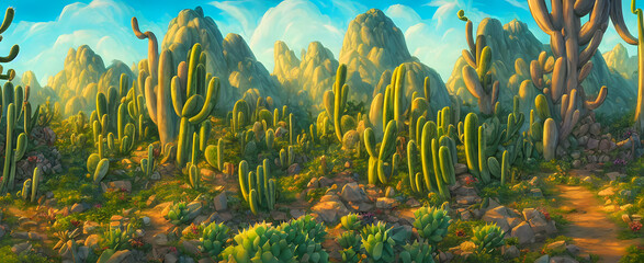 Fototapeta na wymiar Artistic concept painting of a cacti on the desert, background illustration.