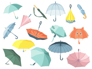 Closed and open colorful umbrellas vector illustrations set. Collection of cartoon drawings of cute parasols for autumn, summer or sunshade on white background. Weather, accessories, climate concept © SurfupVector