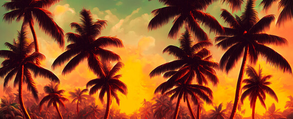 Fototapeta na wymiar Artistic concept painting of a beautiful palms on the beach, background illustration.